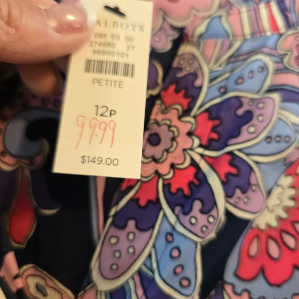 Talbots NEW Paisley Floral Shirt Dress Women 12P Blue Pink Cotton Belted Pockets - Picture 3 of 12